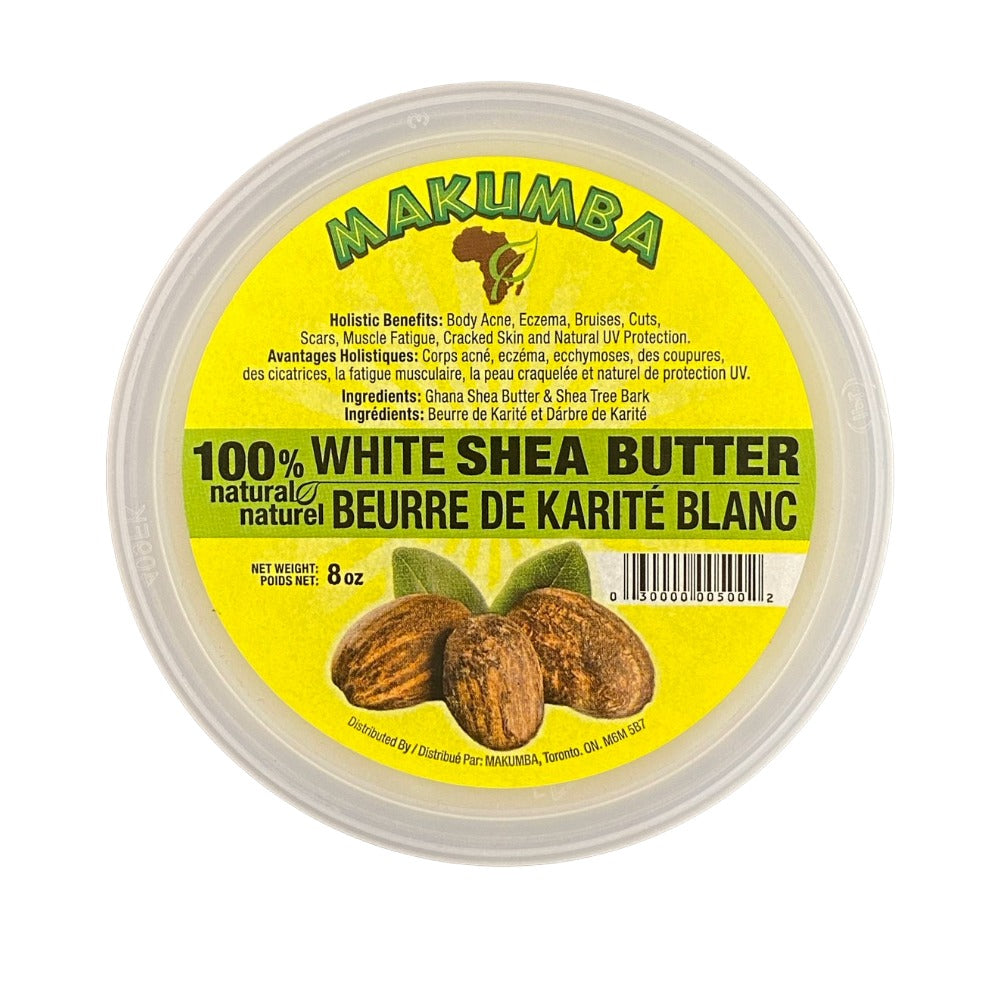 Makumba pure white shea butter for skin in 8 oz container with natural moisturizing benefits