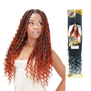ROYAL IMEX boho curly braiding hair in vibrant red worn by model with long curly braids