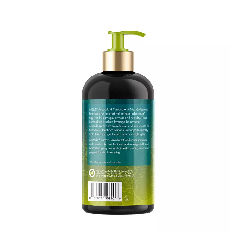 MIELLE bottle with pump showing back label of avocado and tamanu anti-frizz conditioner for frizz control
