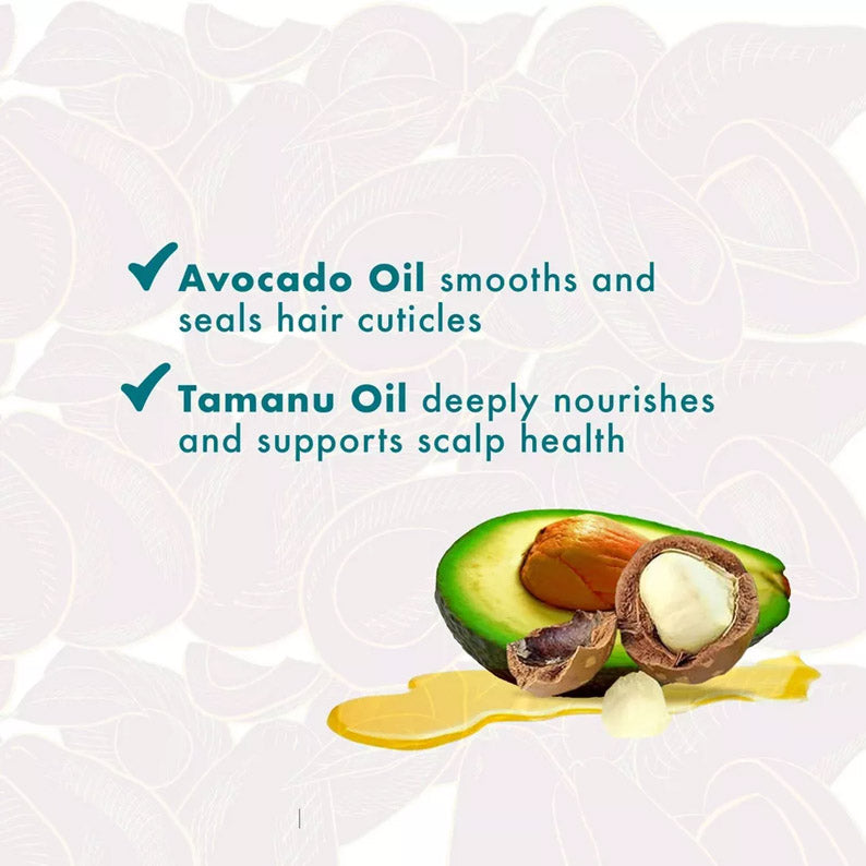 MIELLE avocado and tamanu leave-in conditioner image with avocado and tamanu oil and text noting smoothing and nourishing benefits