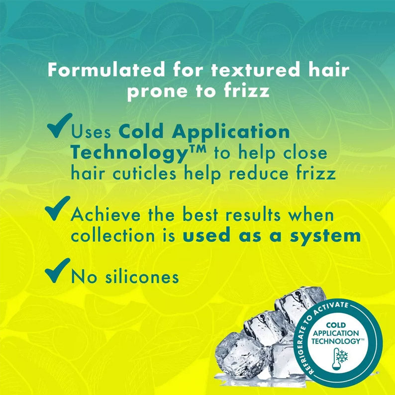 MIELLE avocado and tamanu leave-in conditioner graphic highlighting Cold Application Technology ice badge and no silicones