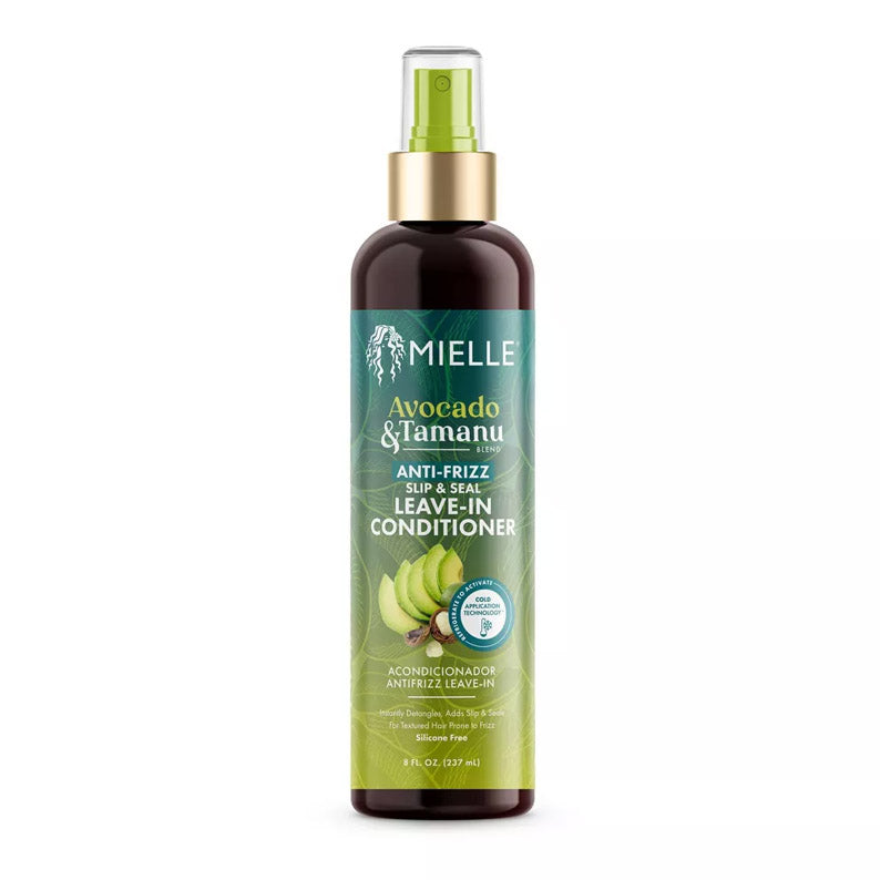 MIELLE avocado and tamanu leave-in conditioner spray bottle with green anti frizz slip and seal label