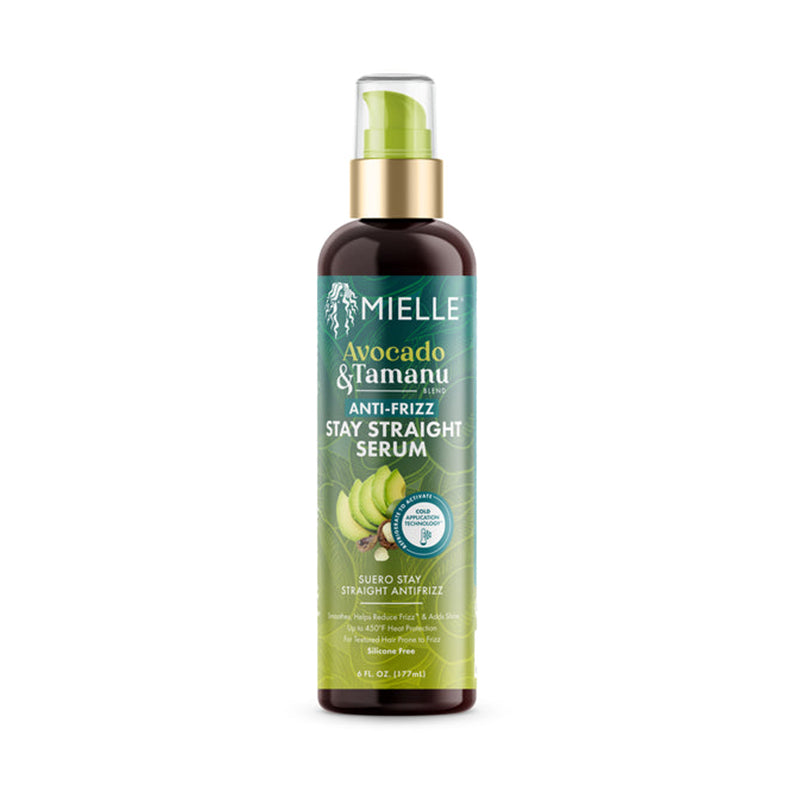 MIELLE Avocado and Tamanu anti-frizz stay straight serum pump bottle for smooth frizz free hair avocado tamanu anti-frizz serum