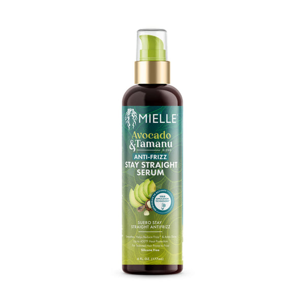 MIELLE Avocado and Tamanu anti-frizz stay straight serum pump bottle for smooth frizz free hair avocado tamanu anti-frizz serum