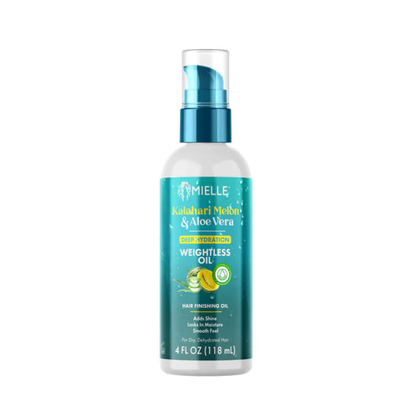 MIELLE Kalahari Melon and Aloe Vera hair oil weightless finishing oil in teal pump bottle 4 fl oz