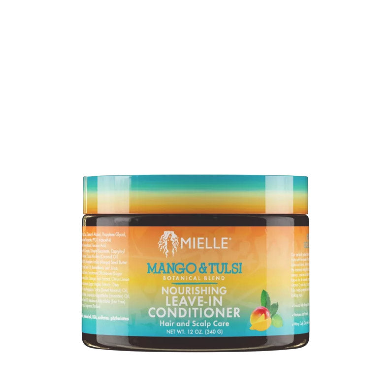 MIELLE mango and tulsi leave-in conditioner nourishing jar for hair and scalp care vibrant label