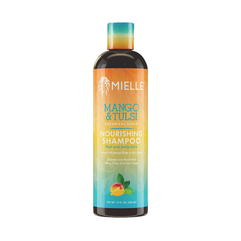 MIELLE bottle of mango and tulsi nourishing shampoo with gradient tropical label and mango graphic