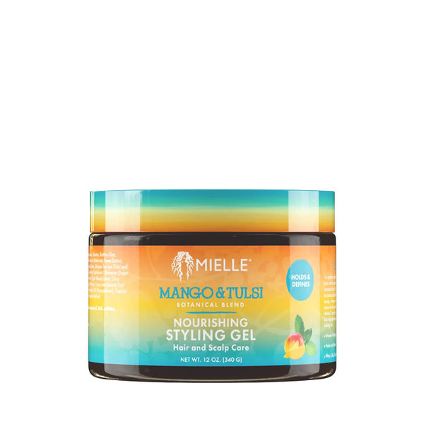Mielle mango and tulsi styling gel jar with colorful botanical label for nourishing hold and hair and scalp care