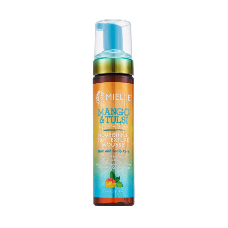 MIELLE mango tulsi hair mousse bottle with pump and colorful label nourishing silk texture for hair and scalp