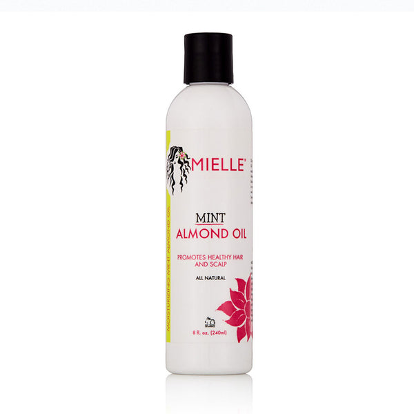 MIELLE mint almond hair oil bottle white packaging with black cap promotes healthy hair