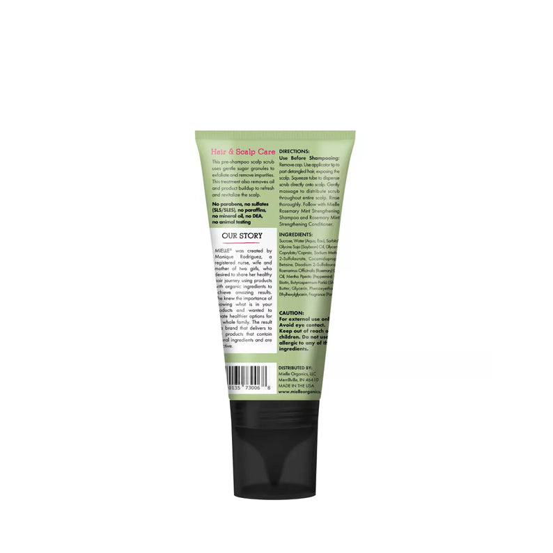 MIELLE rosemary mint scalp scrub tube showing back label with directions ingredients and usage for hair care