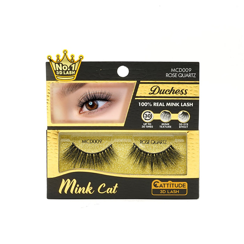 EBIN Mink Cat Duchess Rose Quartz eyelash packaging showing a pair of 3D mink lashes in gold box