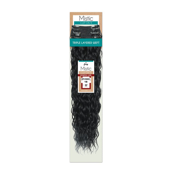 Spanish curl clip-in hair extensions long black wavy 22 inch pack on Mistic triple layered weft packaging