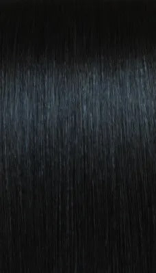 Royal Imex Spanish curl clip-in hair extensions product sample showing smooth straight jet black hair texture