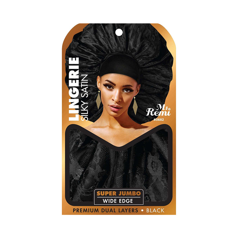 Ms Remi wide edge silky bonnet jumbo black silky satin super jumbo with premium dual layers for protective styling