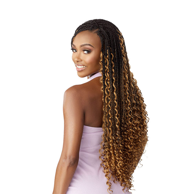 SENSATIONNEL boho box braid hair extensions with long curly ombre style on smiling woman
