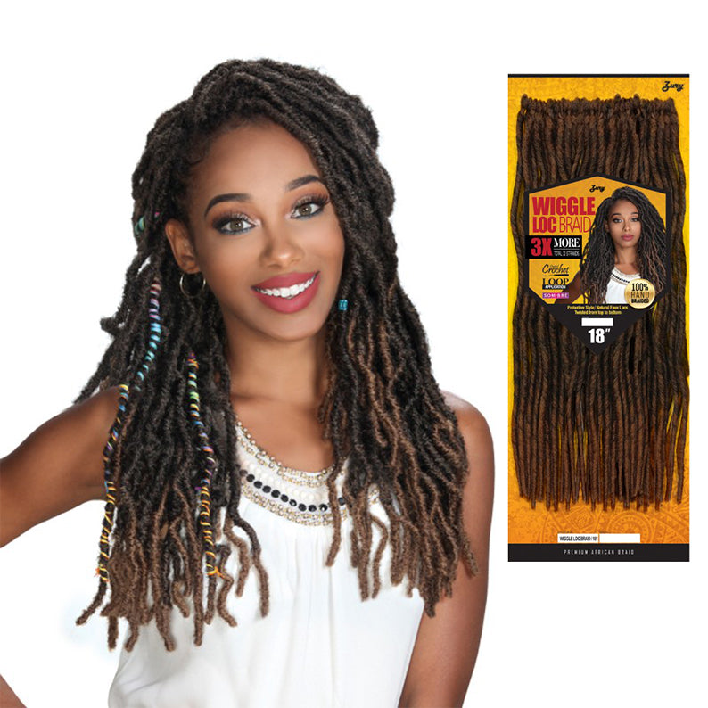 Royal Imex Wiggle Loc Braid 18 inch synthetic braids styled on woman with decorative wraps
