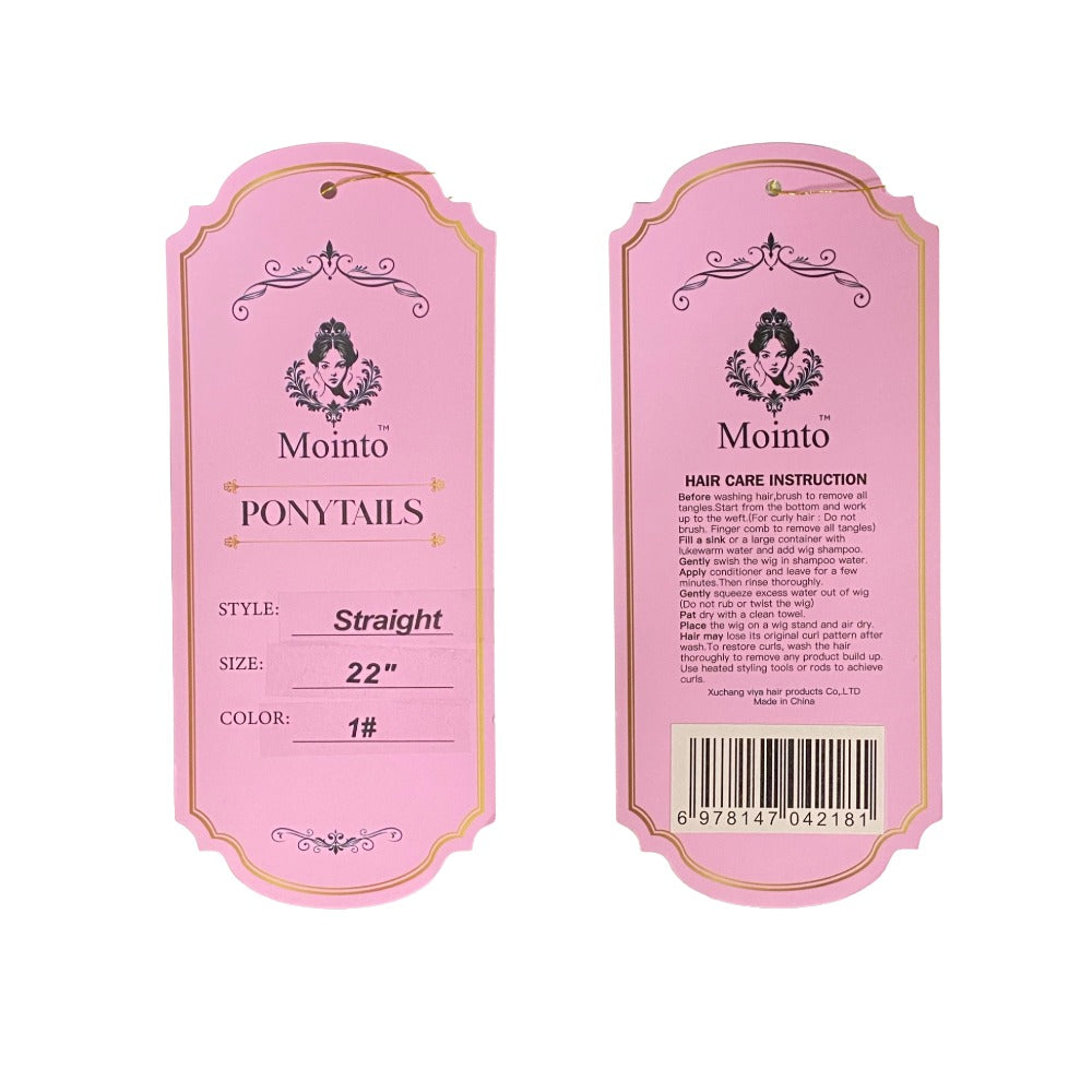 VIYA Mointo pink product tags showing 22 inch straight 100% virgin human hair ponytail extension color 1#