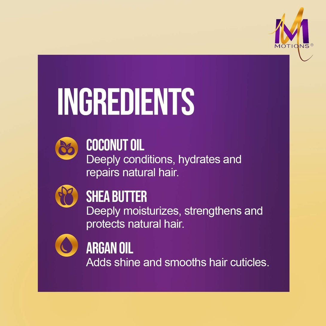 MOTIONS ingredients card listing coconut oil shea butter argan oil for sulfate free moisturizing shampoo