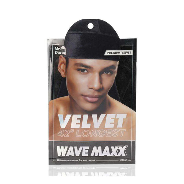 ANNIE black velvet durag for waves 42 inch premium velvet Wave Maxx packaging with model wearing durag