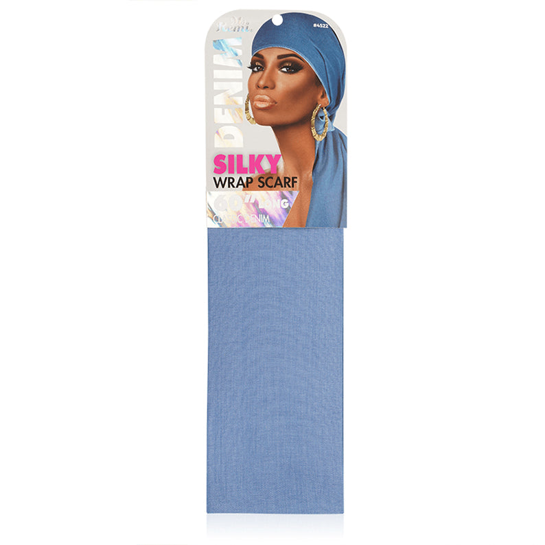 Ms Remi denim silky wrap scarf light blue headwrap in retail packaging with model wearing scarf