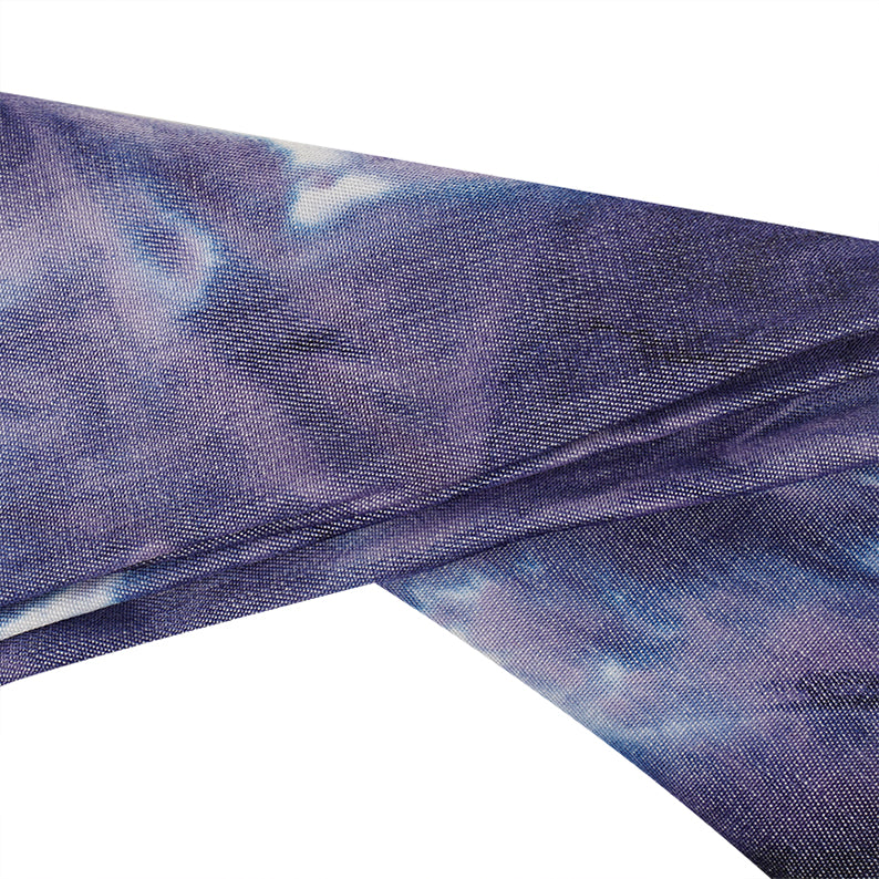 Ms Remi denim silky wrap scarf close up purple blue marbled fabric texture for styling