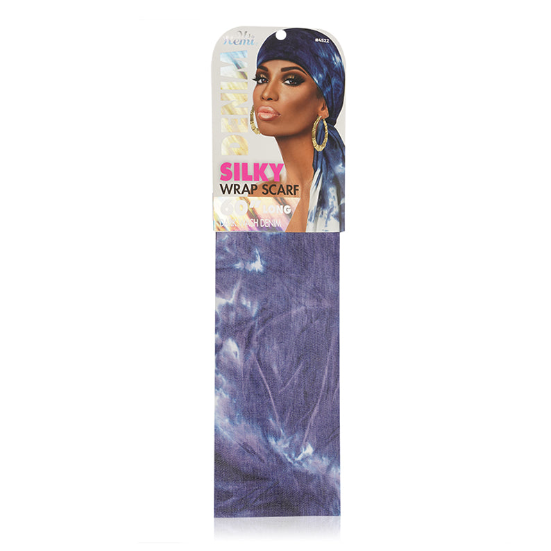 Ms Remi denim silky wrap scarf navy tie dye headwrap on retail card with model styling