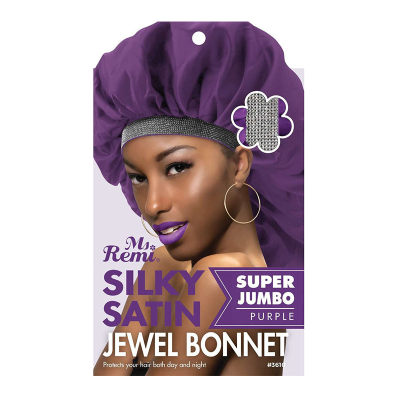Ms Remi purple silky jewel bonnet with rhinestone band on model extra jumbo satin bonnet packaging