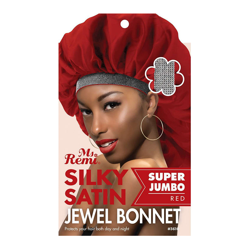 Ms Remi red silky satin jewel bonnet packaging showing extra jumbo satin bonnet with jeweled band