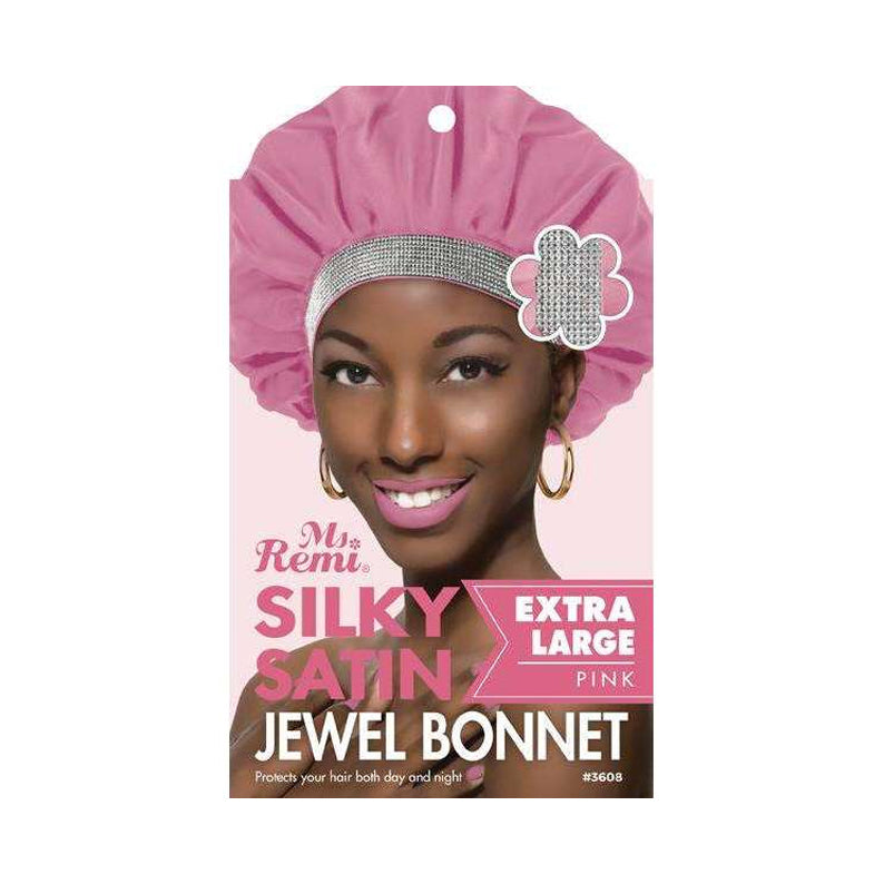 ANNIE extra large satin hair bonnet in pink with jeweled band for hair protection