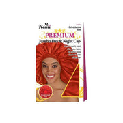ANNIE red premium jumbo day and night cap on smiling model showing jumbo satin bonnet for sleep and elastic band