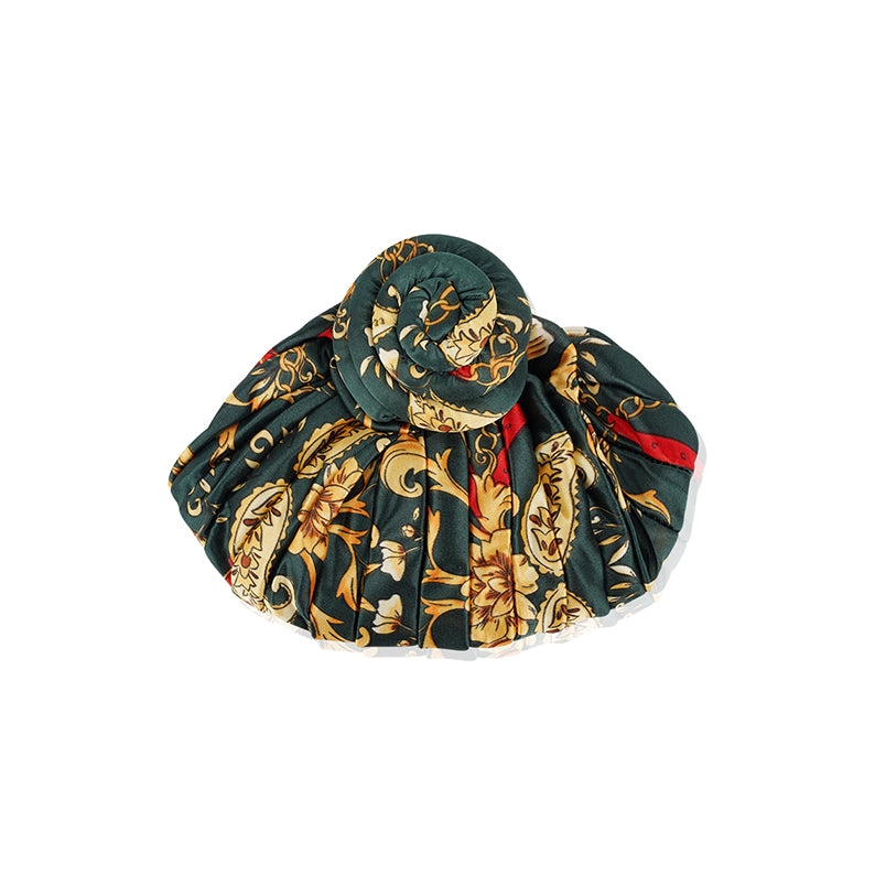 ANNIE silky top knot turban with green and gold floral pattern for stylish hair accessories