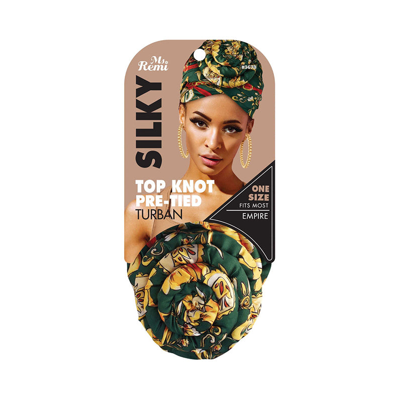 ANNIE silky top knot turban in green floral print pre-tied one size fits most