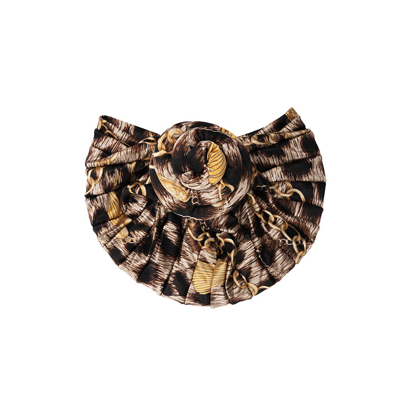 ANNIE silky top knot turban with brown and gold chain pattern for stylish hair accessory