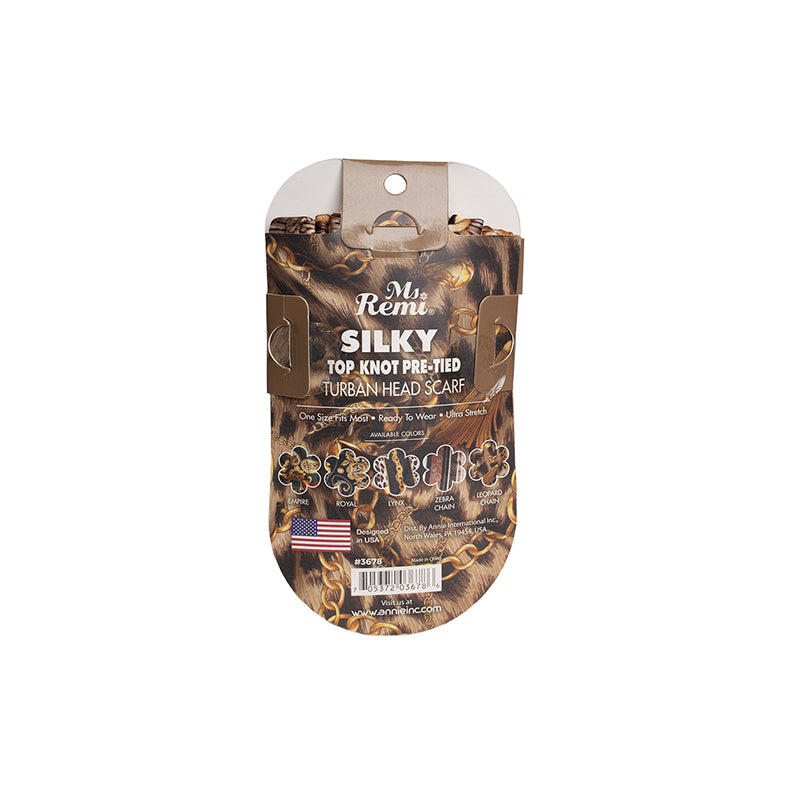 ANNIE silky top knot turban pre-tied head scarf packaged with brown and gold chain design