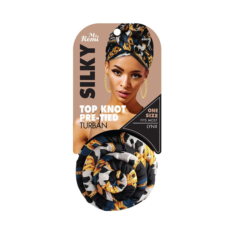 ANNIE silky top knot turban in lynx print pre-tied one size fits most