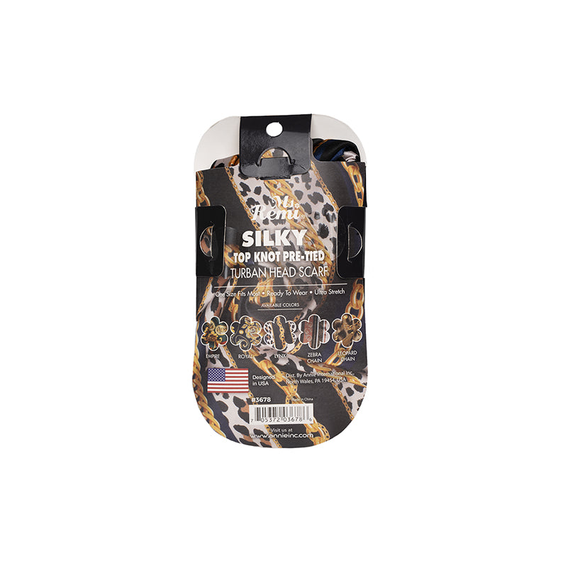 ANNIE silky top knot turban pre-tied with leopard and chain print packaged for easy wear