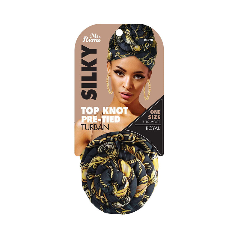 Annie silky top knot turban in royal black and gold chain print pre-tied and one size fits most