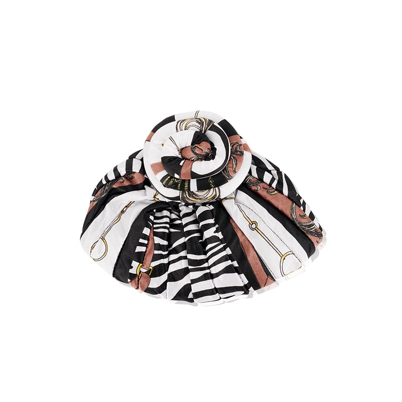 Annie silky top knot turban with black white and brown stripes and gold details