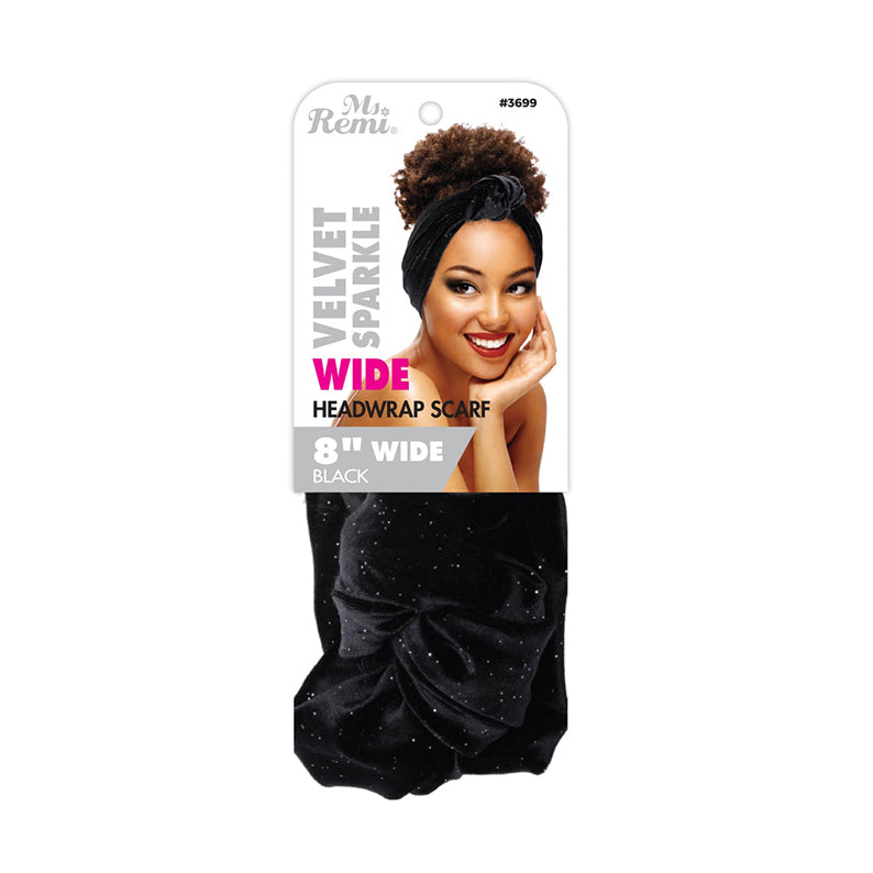 ANNIE black velvet headwrap for natural hair with sparkle wide design 8 inches