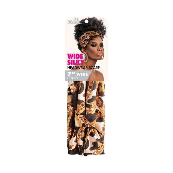 ANNIE wide silky headwrap scarf brown and cream chain print on packaging with model wearing turban style