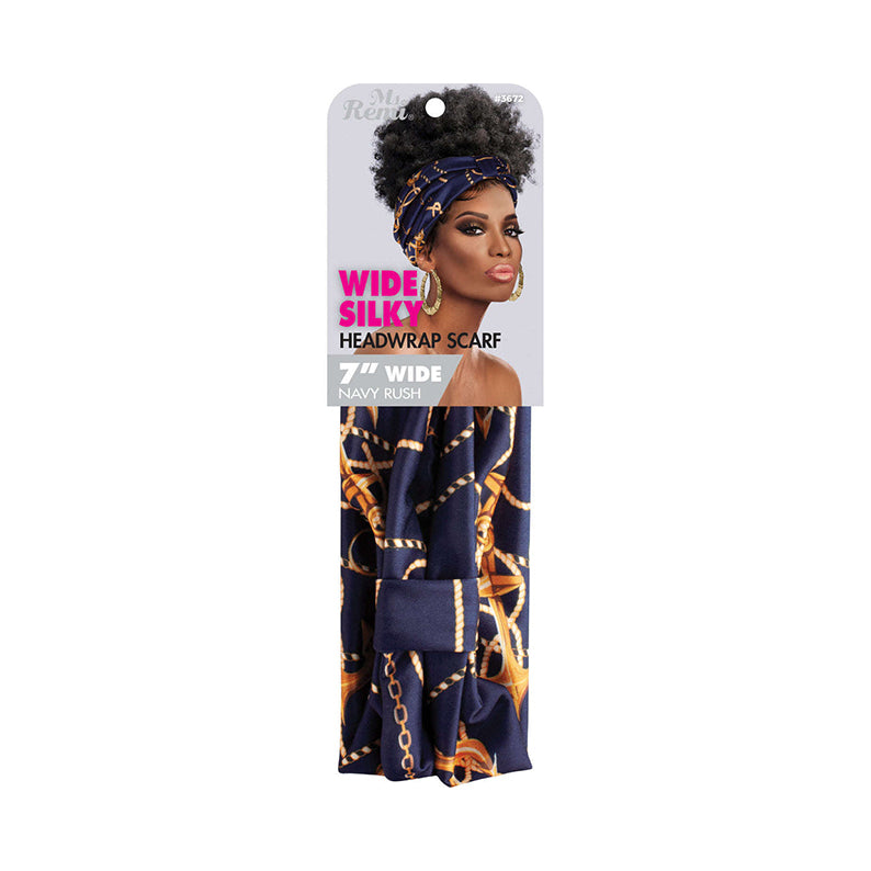 ANNIE wide silky headwrap scarf navy rush with gold chain print on packaging showing model wearing turban style