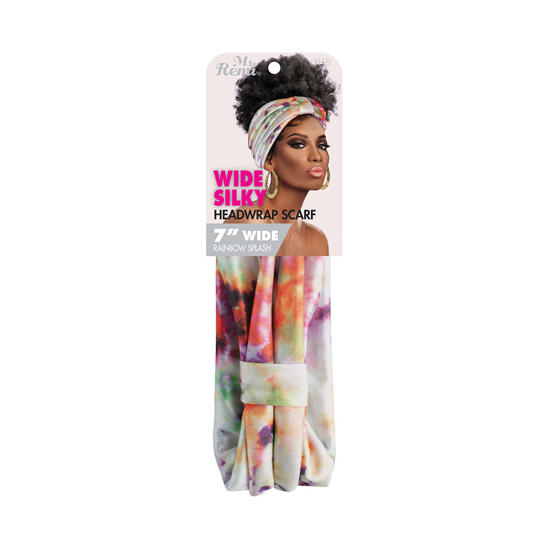 ANNIE wide silky headwrap scarf rainbow splash 7 inch wide packaged headwrap shown on model for protective styling