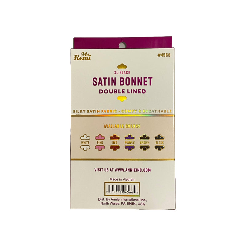 ANNIE packaging for XL double lined black satin hair bonnet showing product label and color options