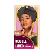 ANNIE double lined satin bonnet packaging with model wearing black satin hair bonnet XL size