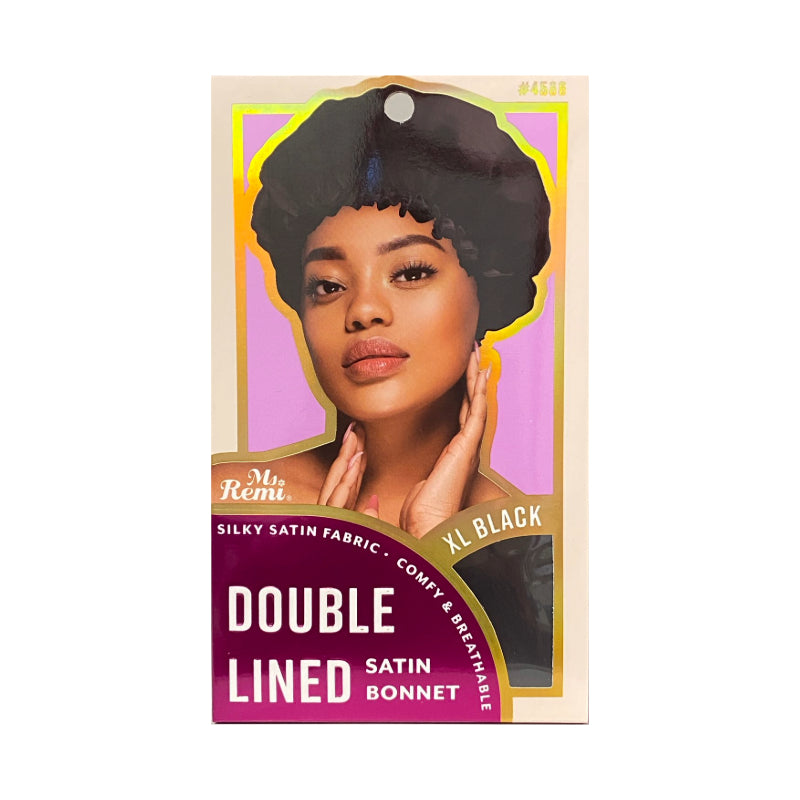 ANNIE double lined satin bonnet packaging with model wearing black satin hair bonnet XL size