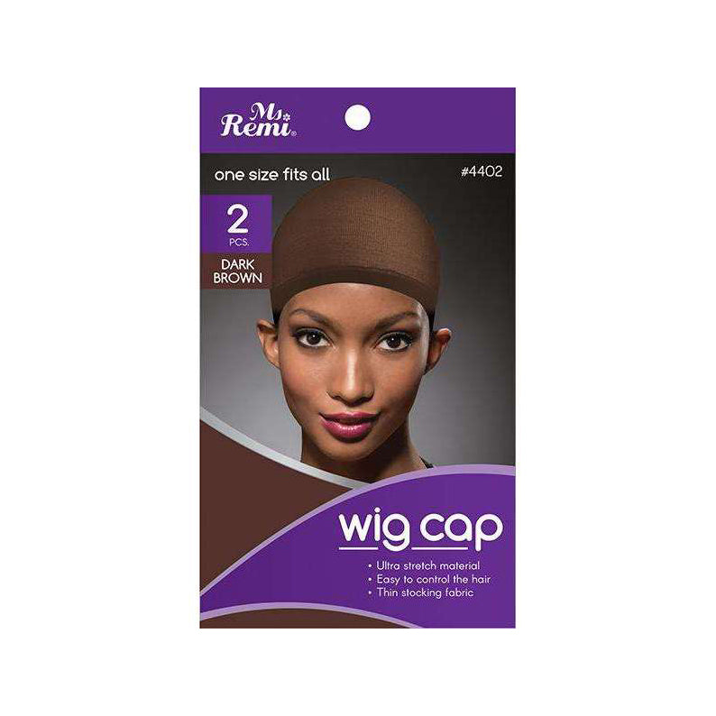 Ms Remi dark brown wig cap packaging showing model wearing cap one size fits all 2 pcs