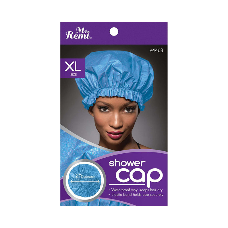 ANNIE extra large shower cap packaging showing blue waterproof vinyl cap on model with elastic band