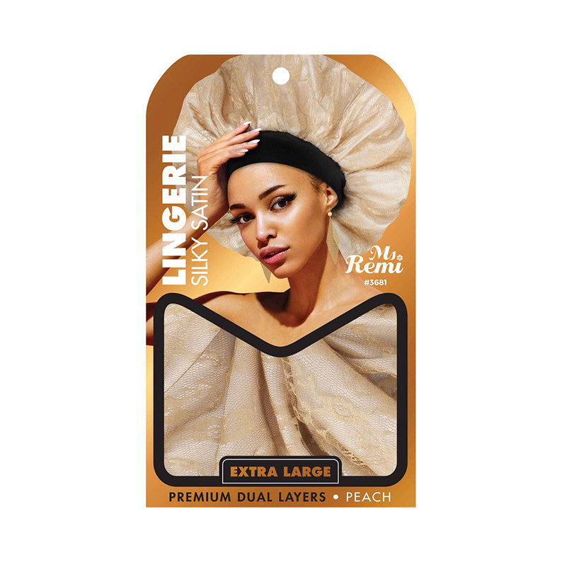 Ms Remi extra large silky bonnet for hair in peach satin packaging showing premium dual layers and model