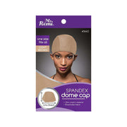 Ms Remi packaging with model wearing light brown spandex dome cap one size fits all ultra stretch breathable fabric